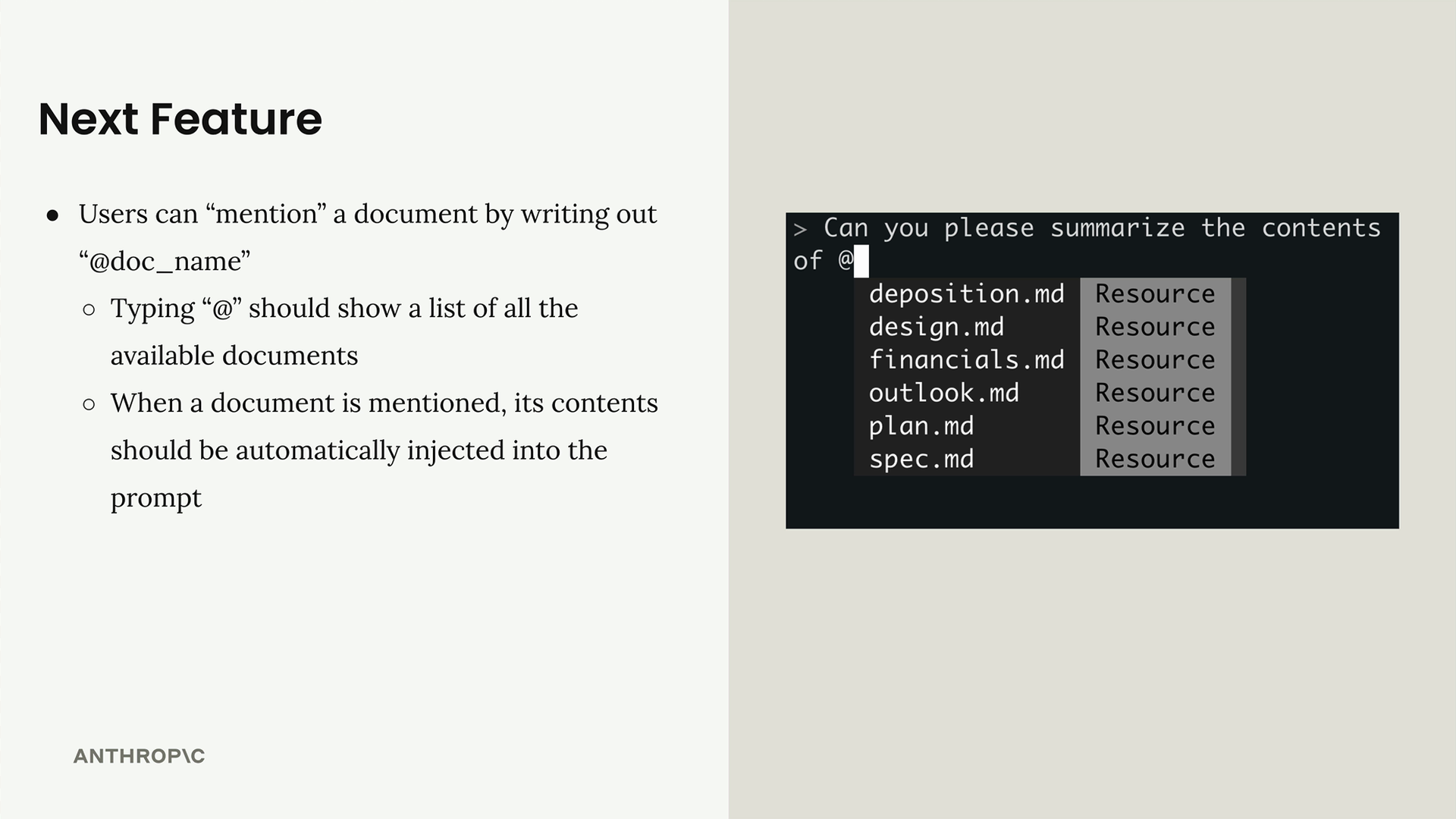 Feature slide: users can mention a document by writing out @doc_name; typing @ shows a list of all available documents in an autocomplete, and a mentioned document's contents are automatically injected into the prompt