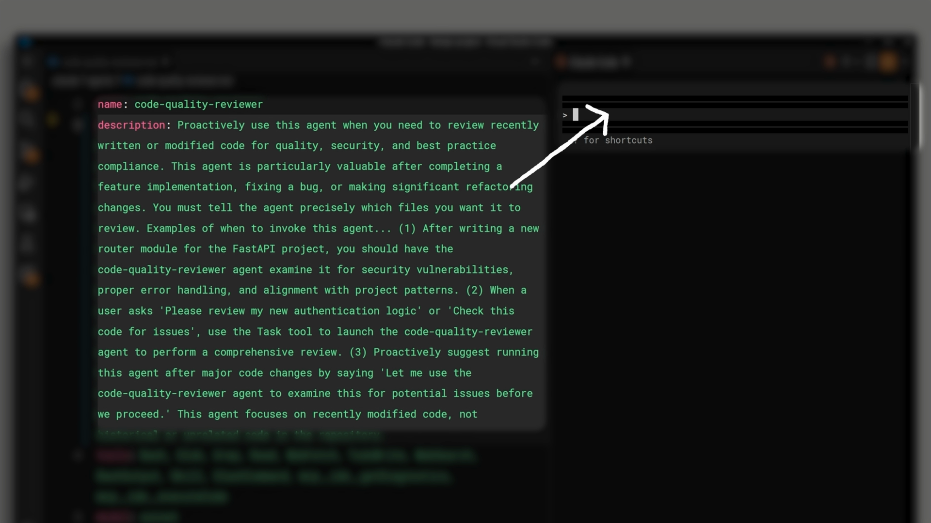 A subagent config file's name and description fields, with an arrow showing them flowing into the main agent's prompt input