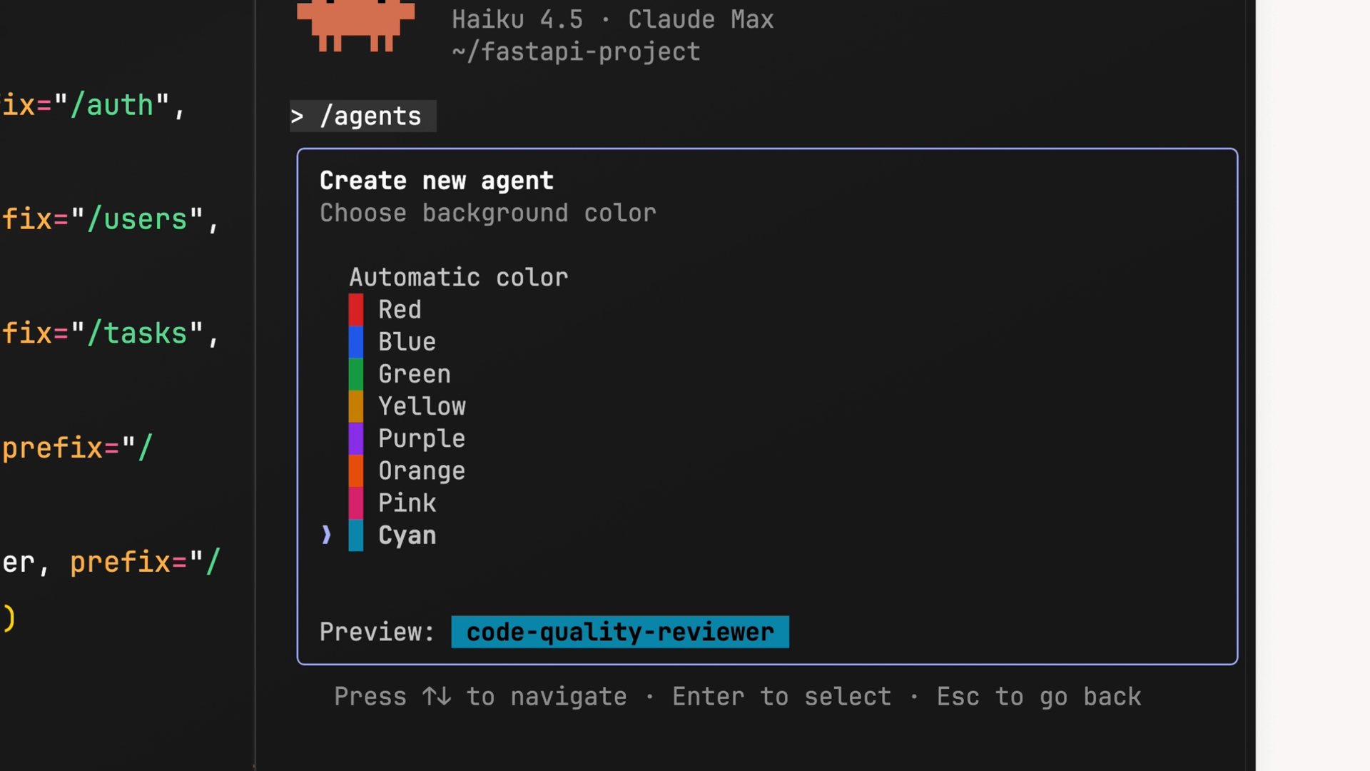 The "Choose background color" step of agent creation, showing a list of colors and a preview of the code-quality-reviewer name highlighted in cyan