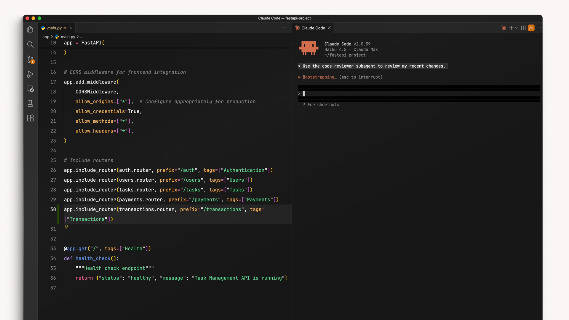 A code editor with a FastAPI project open and Claude Code in a side panel, asked to use the code-reviewer subagent to review recent changes