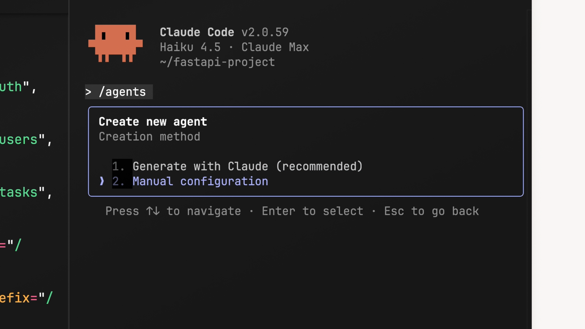 The /agents create-new-agent flow in Claude Code, with "Generate with Claude (recommended)" and "Manual configuration" as creation methods