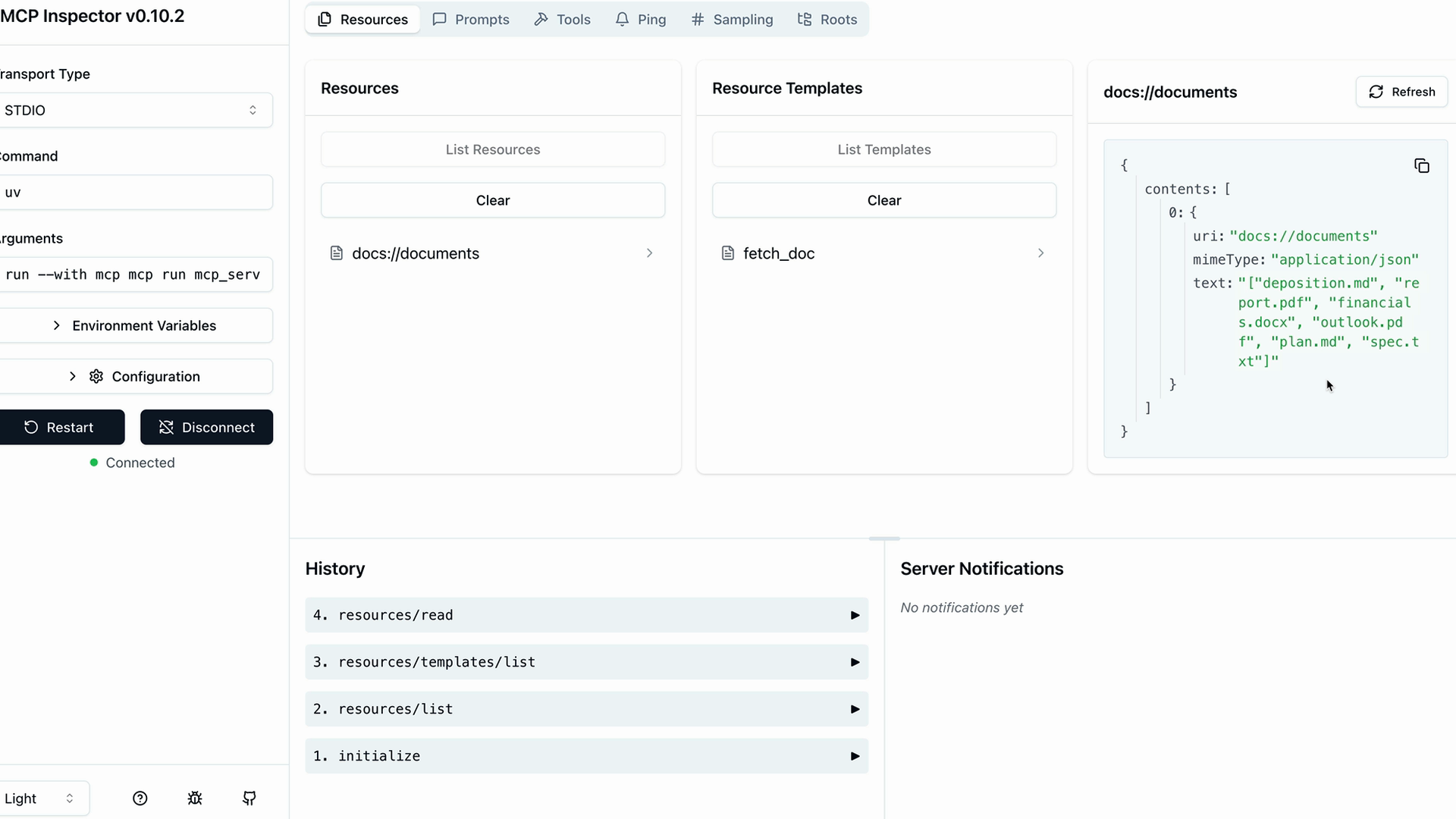 MCP Inspector with the Resources tab open, showing the docs://documents direct resource under Resources, the fetch_doc template under Resource Templates, and the JSON response for docs://documents with its URI, mimeType, and serialized list of document names