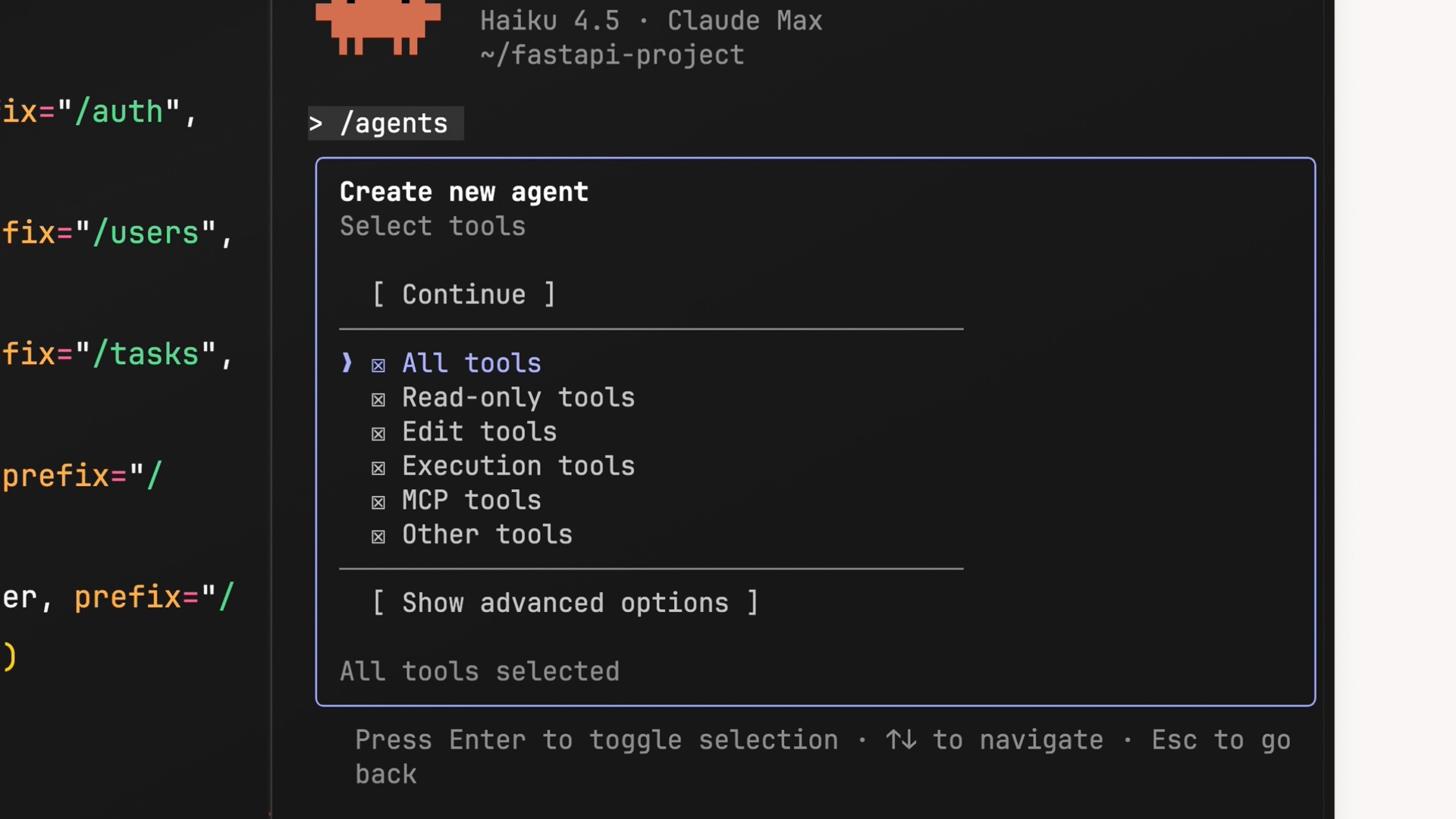 The "Select tools" step of agent creation, with checkboxes for All tools, Read-only tools, Edit tools, Execution tools, MCP tools, and Other tools