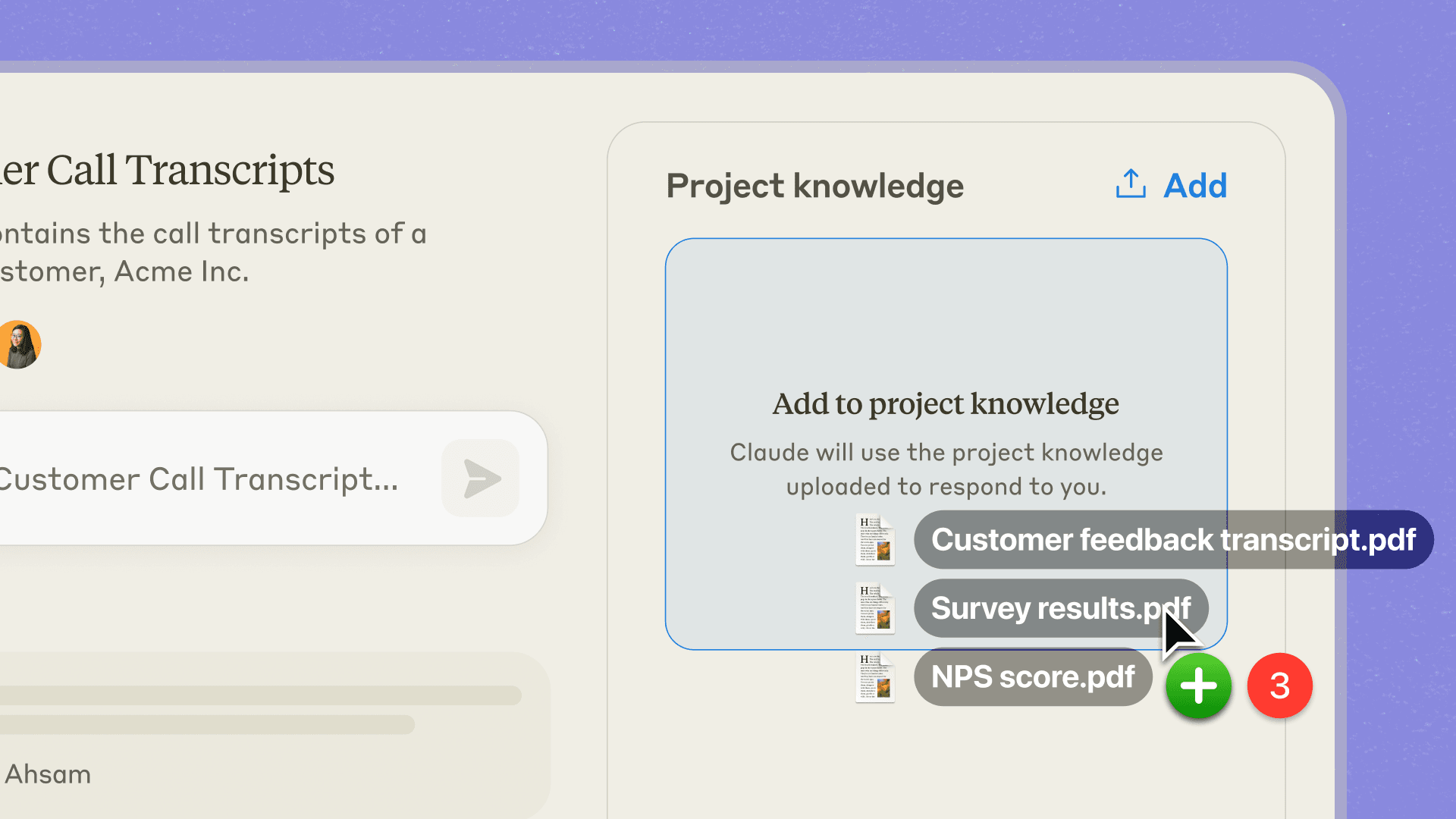App screen showing a user uploading docs to Claude.ai